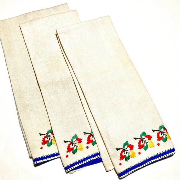 Set of 3 Vintage 100% Linen Hand Towels w Embroidery - Picture 1 of 8